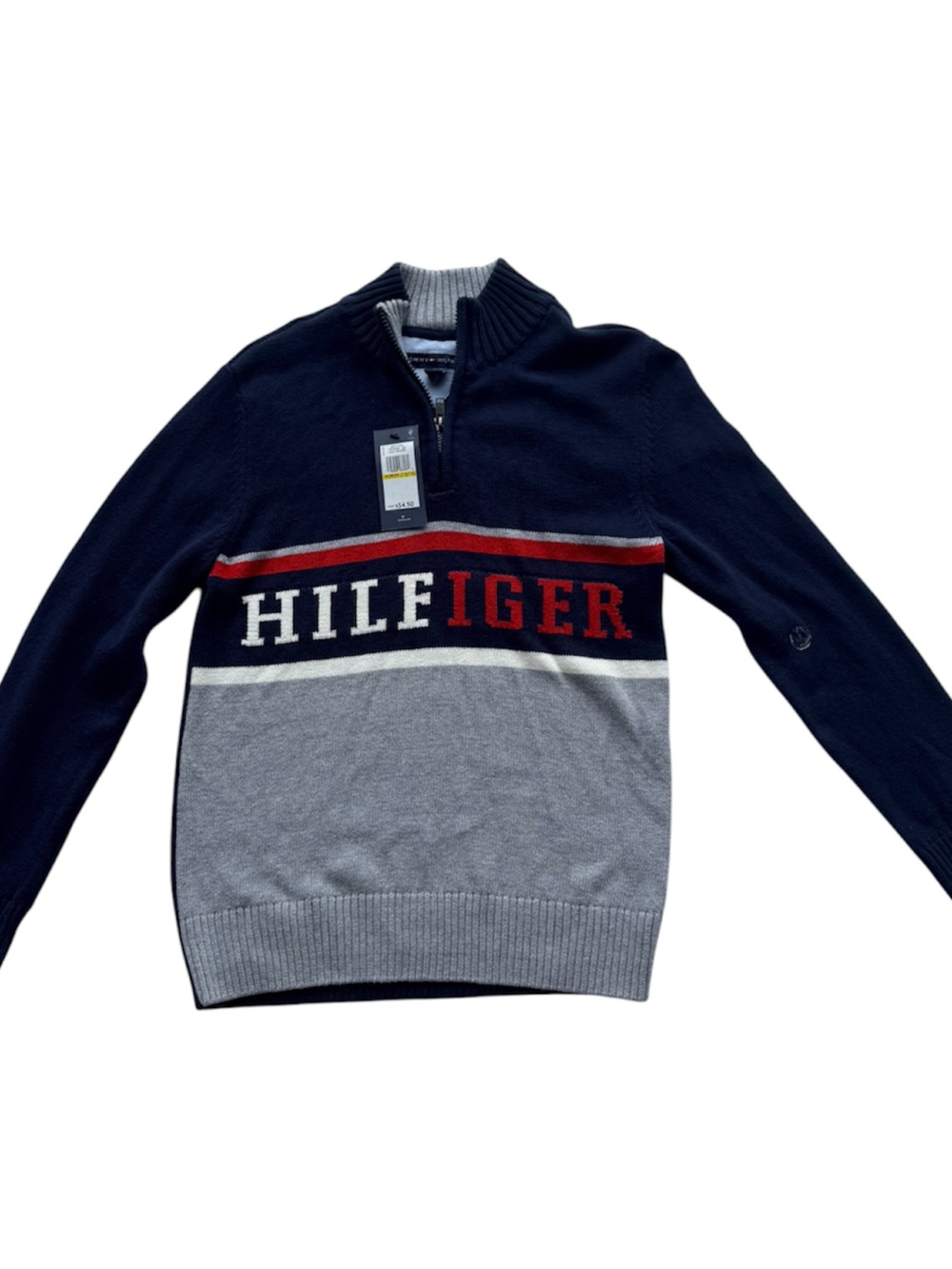 Tommy Hilfiger Navy, Gray & Red Half-Zip Logo Sweater